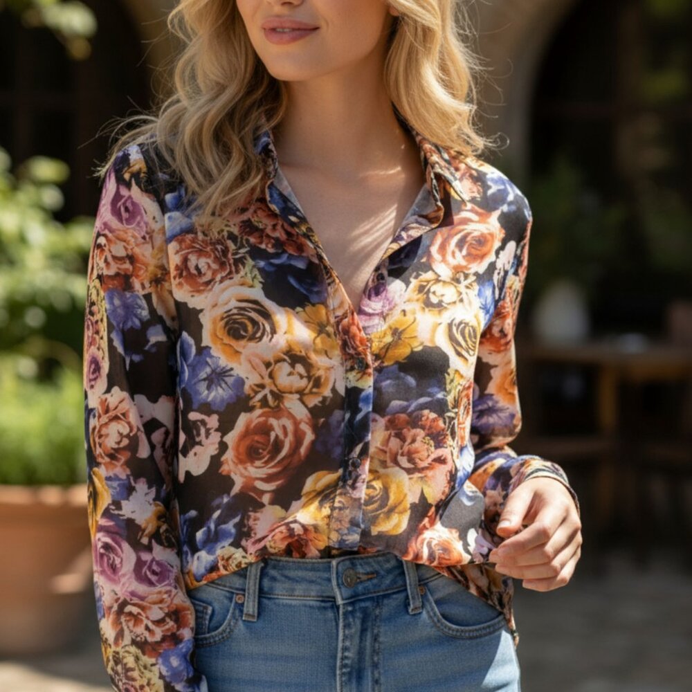 American Rag Floral Chiffon Blouse Women’s Small Open Back Button Up Shirt